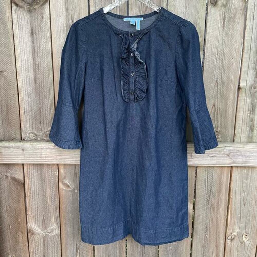 Draper James Chambray Dress‎ 3/4 Sleeve Ruffle Crew Neck Knee Length Blue Size 4